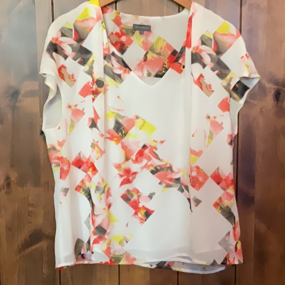 Vince Camuto White Blouse with Coral and Yellow Geometric Floral Print